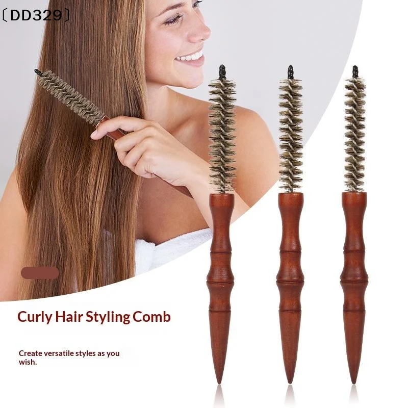 Mini Curling Comb Hair Salon Hairstyle Multi-functional Small Portable Round Wooden Roller Styling Beard Care Tool 〔DD329〕