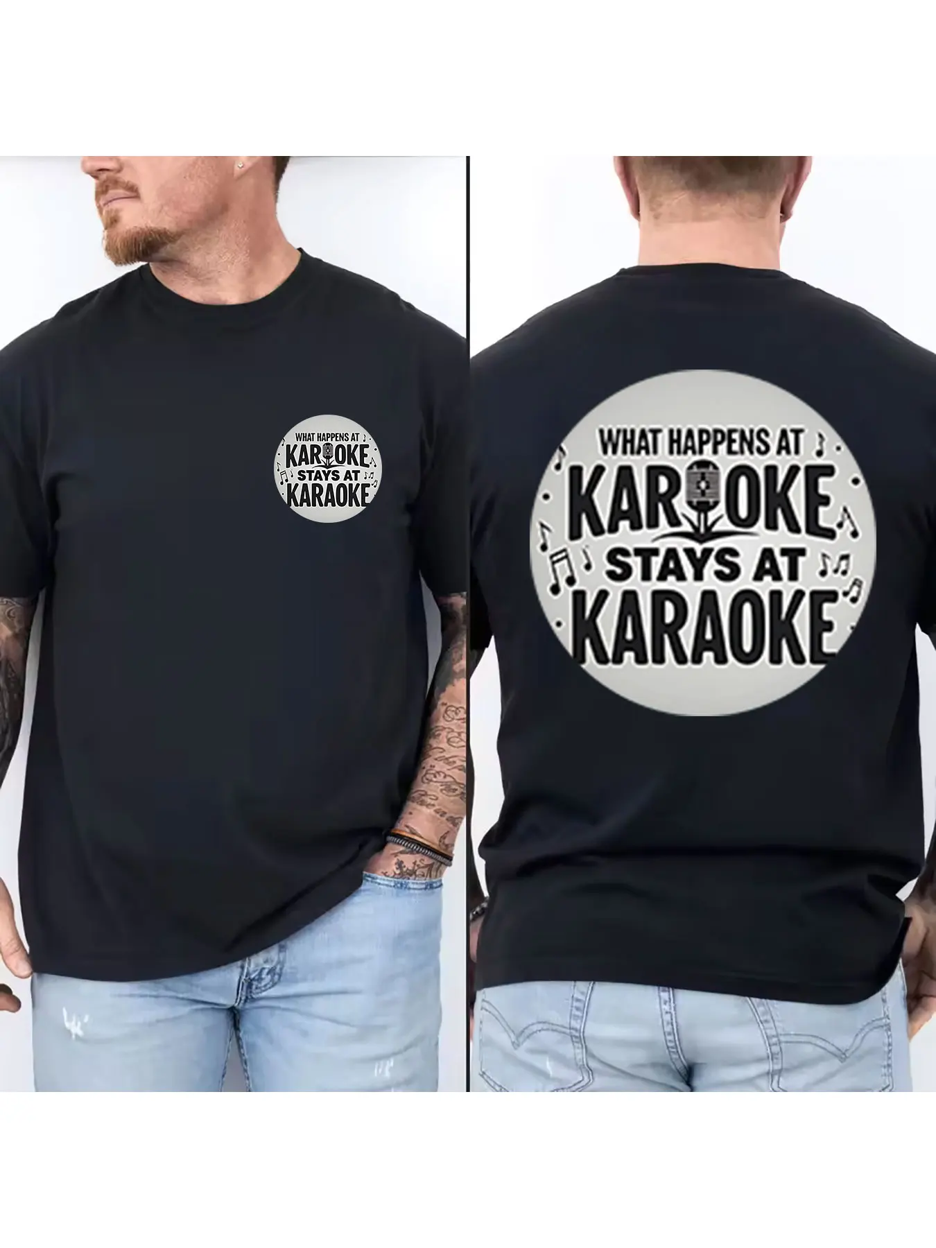 

Men's Cotton Crew Neck T-Shirt, What Happens At Karaoke Stays At Karaoke Graphic Tee, Casual Short Sleeve Top for Karaoke Nights