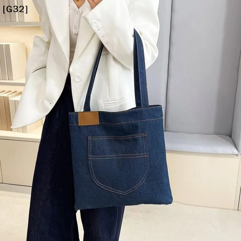 Dark Blue Denim Tote Bag With Front Patch Pocket Sturdy Straps For Work School Shopping Daily Use【G32】