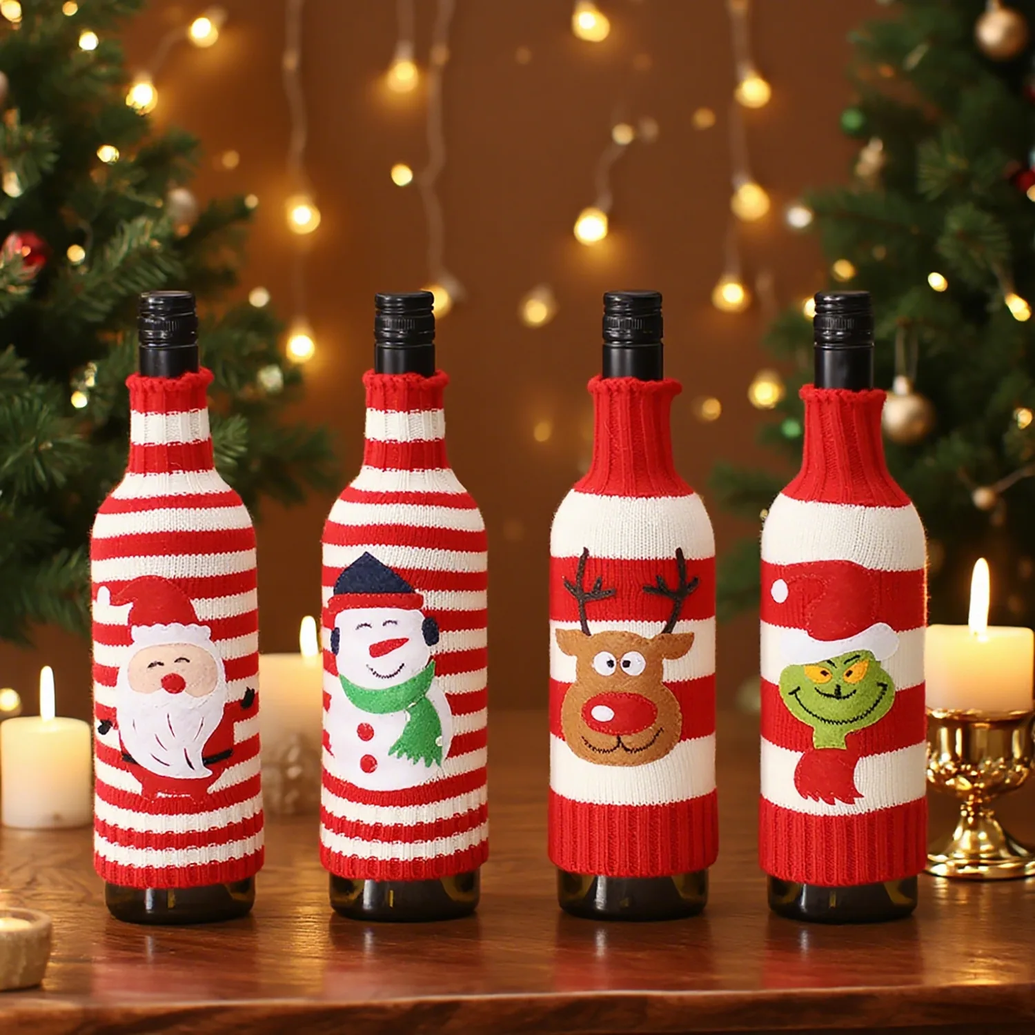 

4pcs/set, Creative Christmas Cloth Knitted Wine Bottle Cover, With Snowman Elk, For Holiday Scene Layout Christmas Table Decor