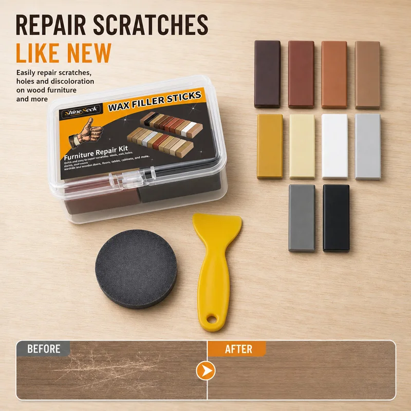 10Pcs Super Hard Wood Repair Wax Blocks + 1Pc Scraper + 1Pc Sandpaper Set —10-Color Series Wood Floor Repair Wax Block Kit, Suitable for Wooden Furniture and Floors, Furniture Repair Marker Pen, Linseed Oil Floor Repai