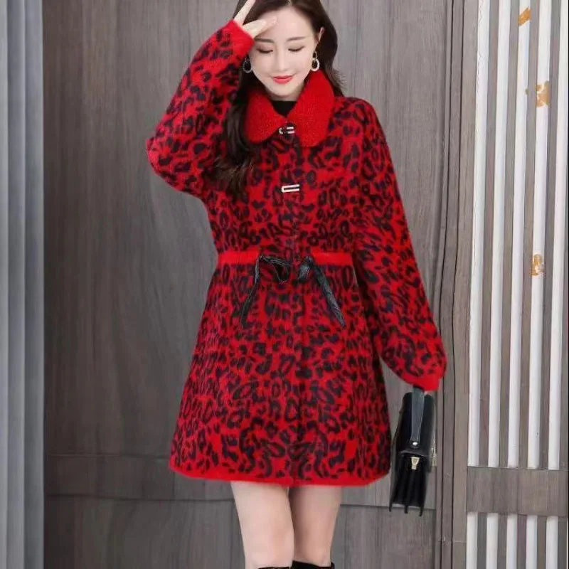 Autumn Winter New Korean Medium length leopard print Women Jacket Fashion Imitate Mink Velvet Coat Female Woolen Coat Overcoat