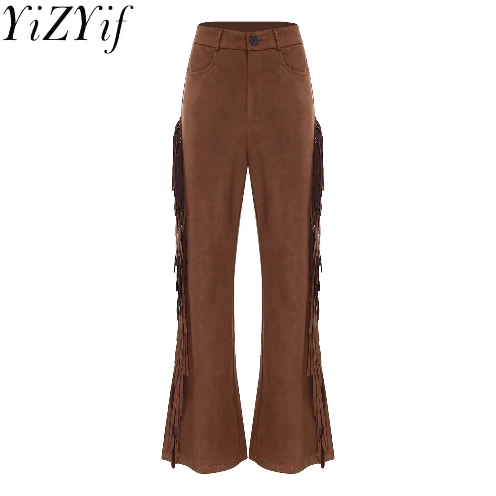 

Женские винтажные коричневые брюки в стиле ковбойки с бахромой по бокам, расклешенные, с широкими штанинами, для клубных тематических вечеринок и карнавалов