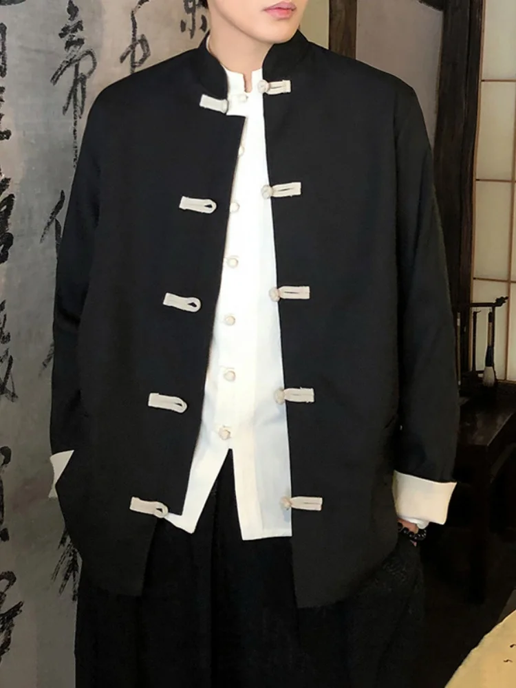 

New Chinese Sle Men's Wedding Jaet Spring Autumn Vintage Button Tang Hanfu Outerwear Loose Fit Breathable Long Sve