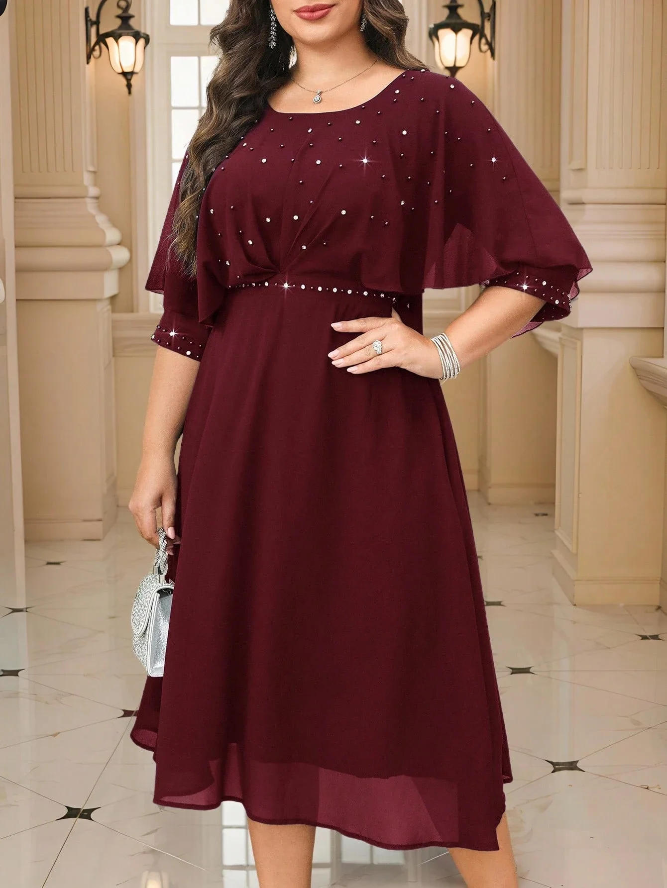 

Elegant Rhinestone Cape Dress For Women Plus Size