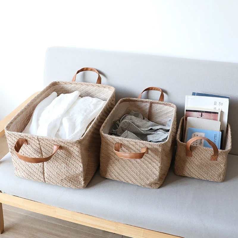 Jute Foldable Storage Basket Woven Storage Box Clothes Bins Cabinet Drawer Closet Organizer Sundries Toy Organizers Household