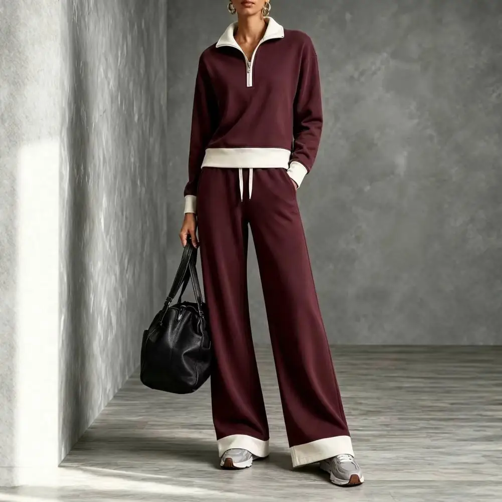 Women Fall Sweatshirt Pants Set, Turndown Collar Half-Zip Pullover Top, Wide Leg Trousers Contrast Color Matching Lounge Set