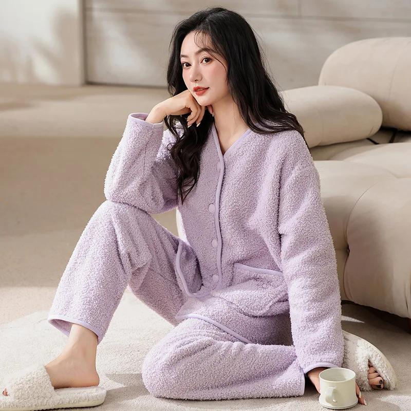 

Female Pajamas V-Neck Korean Version Autumn Winter Keep Warm Women's Loungewear Thickened Homewear Suit Lady Sleepcoat Outerwear