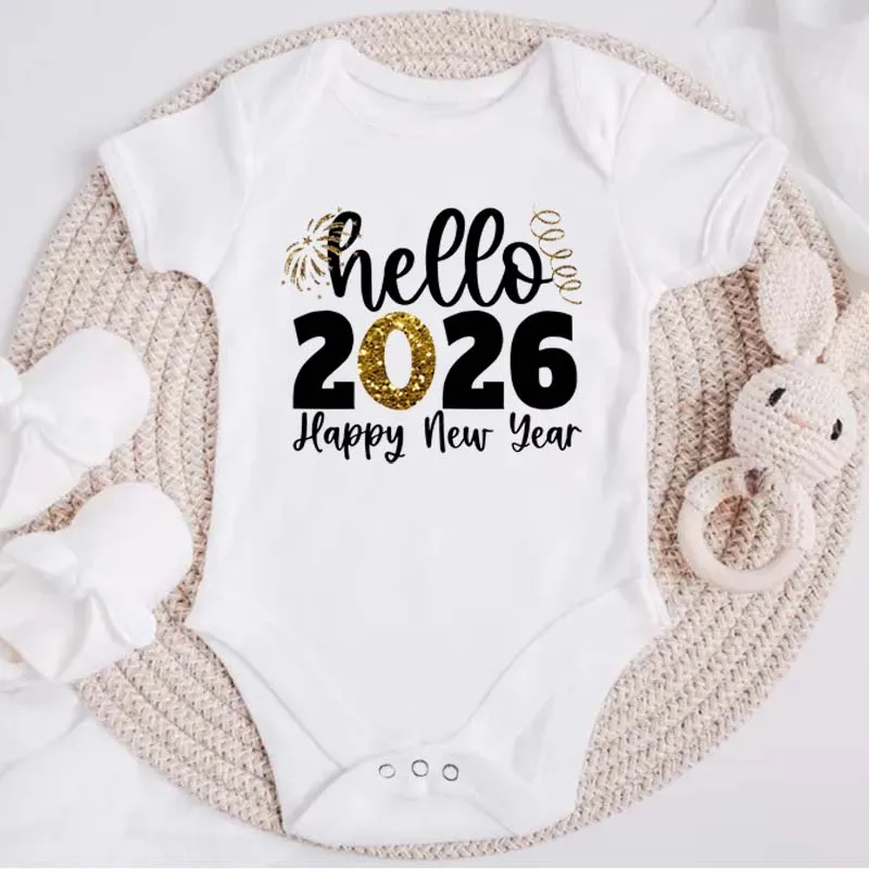 

Hello 2026 Letter Printed Baby Boys Girls Romper Short Sleeve New Year Infant Clothing Newborn Costume Baby Clothes