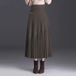 Temperament Autumn Winter New Skirts Women Solid High Waist Pleated Fashion Office Lady A-line Mid-length Knitting Pleated Skirt