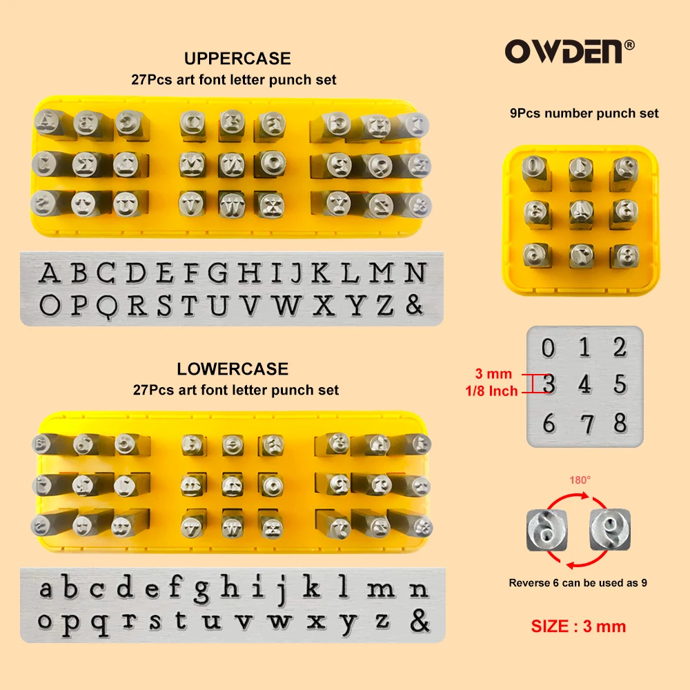 OWDEN 63pcs Jewelry Stamping Set 3mm Number And Letter Punch Tools puncher set + 3 in 1 hammer + Metal Steel Bench Block