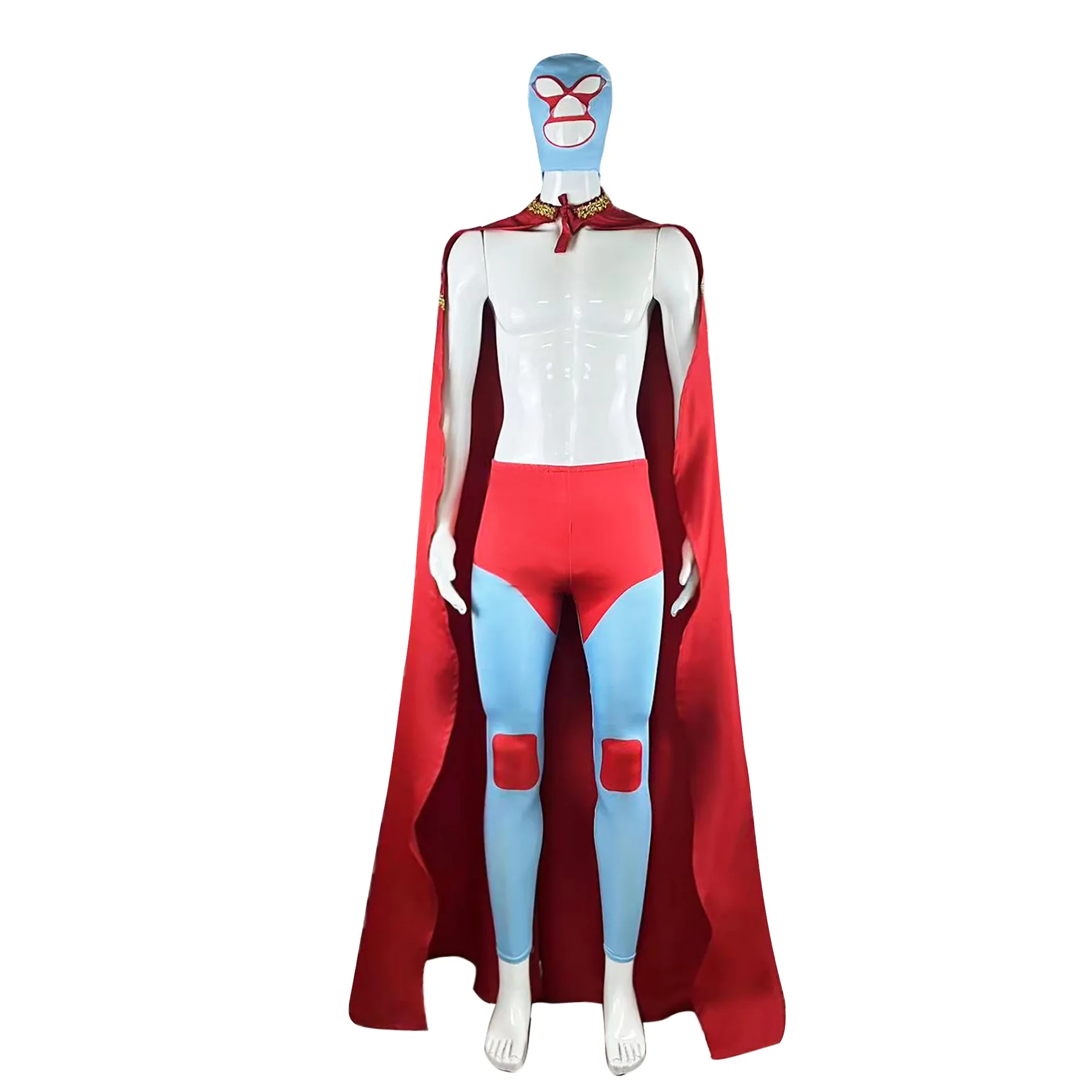 Halloween-Cosplay-Kostüm, mexikanisches Wrestling, rote und blaue, eng anliegende Hose, Handschal, Umhang, Cosplay, Bühnenkostüme