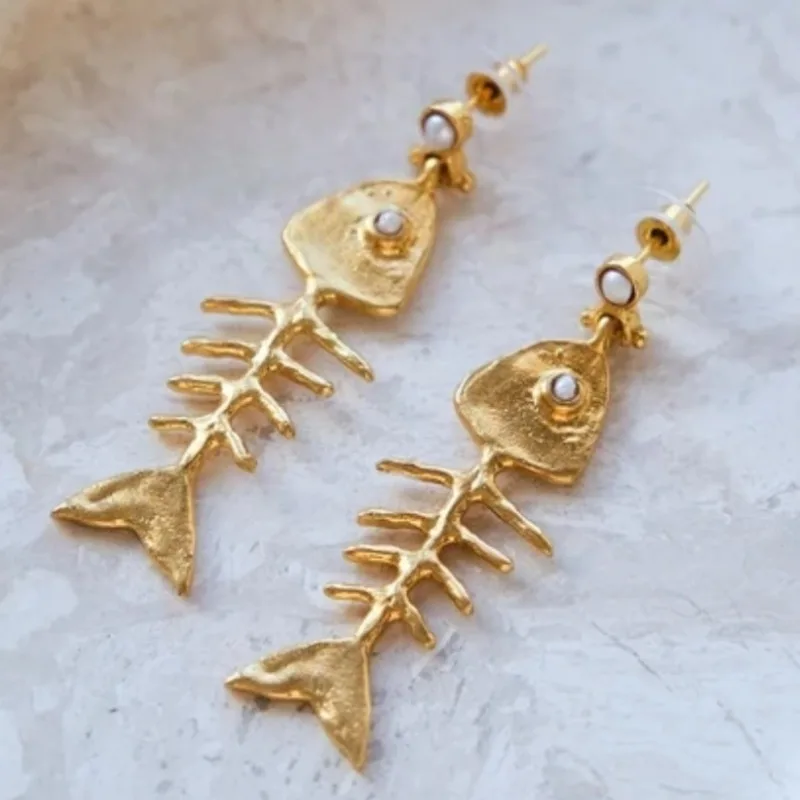 Light Luxury Fish Bone Shaped Gold Plated Earrings For Women's Daily Commuting Playful Personality Earrings Fashion Jewelry