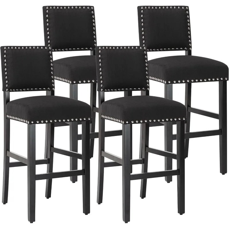 Bar Stools for Kitchen Island Gray Fabric 29 inches Barstools with Nailhead Trim Chairs for Dining Room,Set of 4