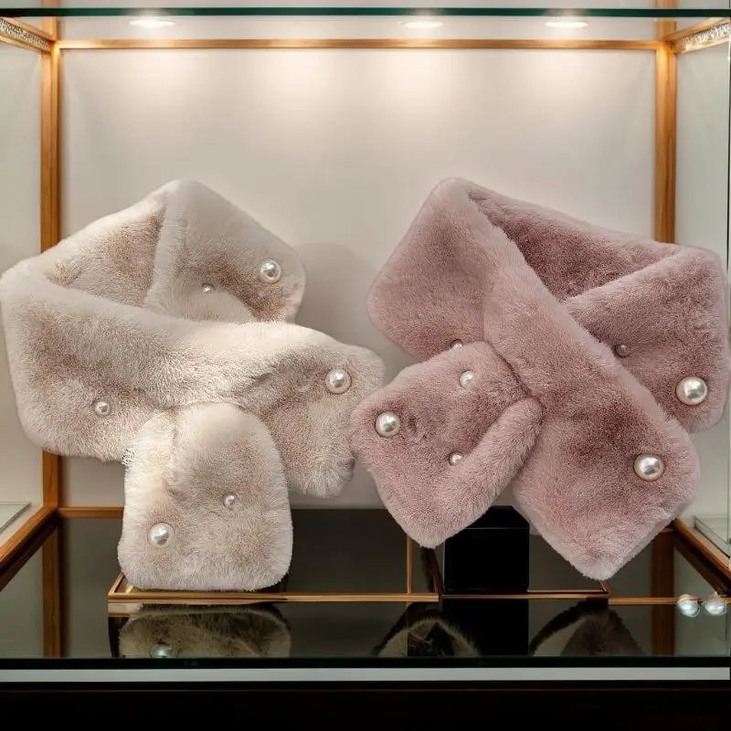 Women Fluffy Rabbit Fur Cross Scarf Winter Warm Neck Cover Collars Scarves Korean Girl Windproof Pearl Plush Snood Neckerchief