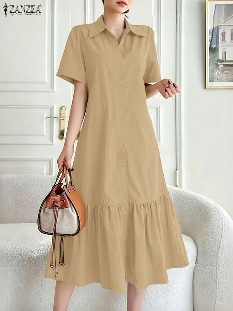 ZANZEA Moda Donna Abiti Midi Elegante Manica Corta Orlo Increspato A-Line Colletto Camicia Camicia Primavera 2026 Donna Vestiti S-3XL