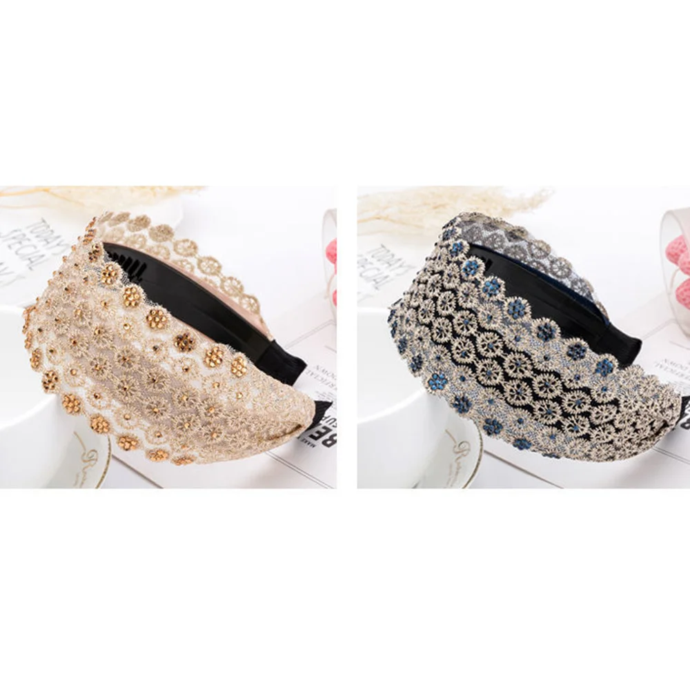 Elastic Wide Simple Headband Sparkling Embroidery Lace Hair Hoop with Non-slip Teeth Holiday Party Costume Decoration