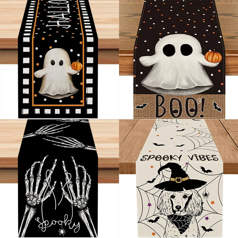 2pcs Halloween Ghost Skeleton Witch Dog Table Runner Heat Resistant Non Slip Pumpkin Bat Spider Web Dining Table Decor