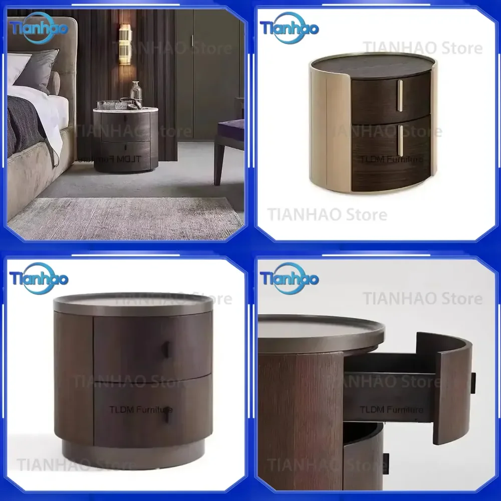 Modern Round Wooden Nightstand for Bedroom with Two Functional Drawers Stylish Bedside Table Storage
