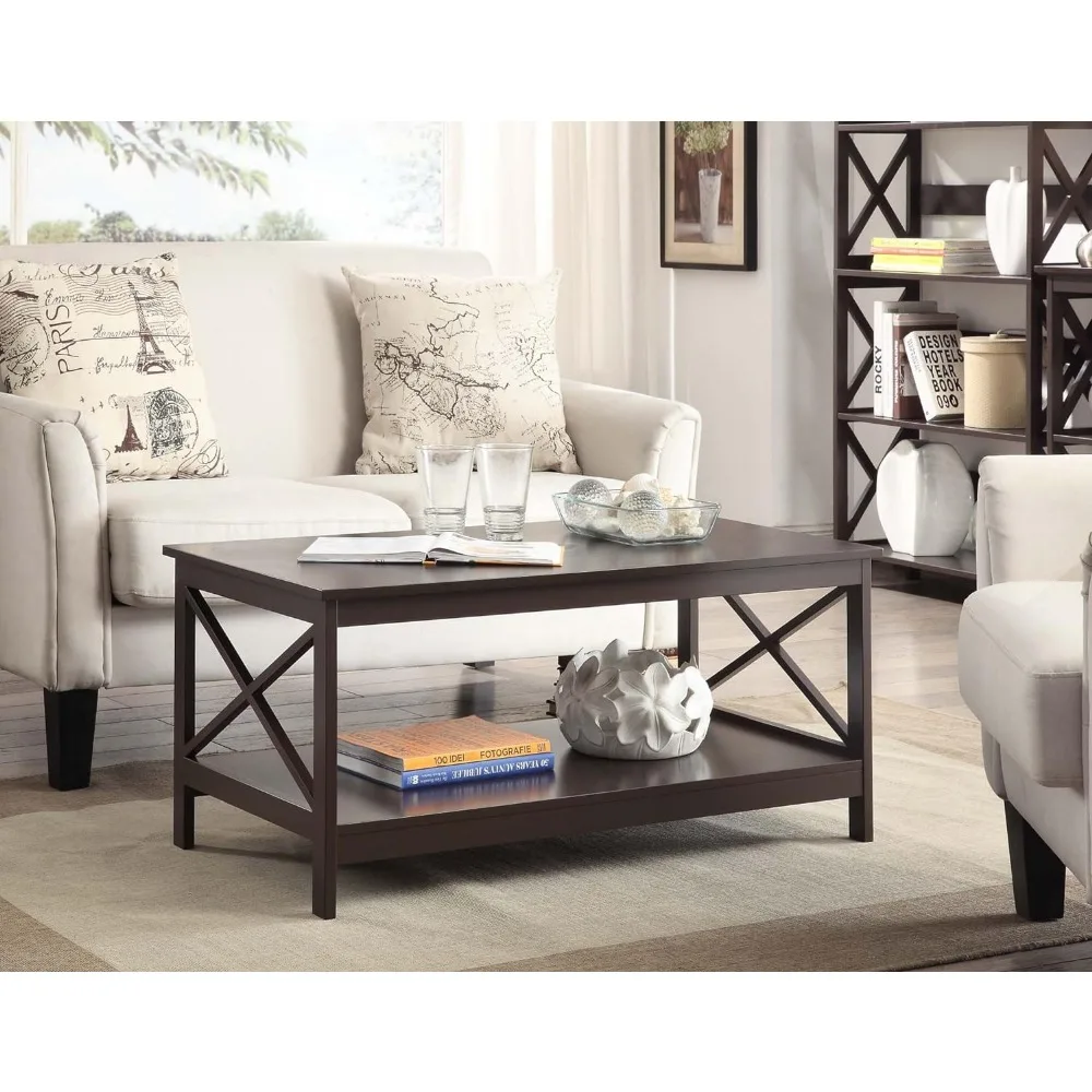 Coffee Table with Shelf, Storage Sofa End Table Open Shelves Espresso Coffee Tables for Living Room