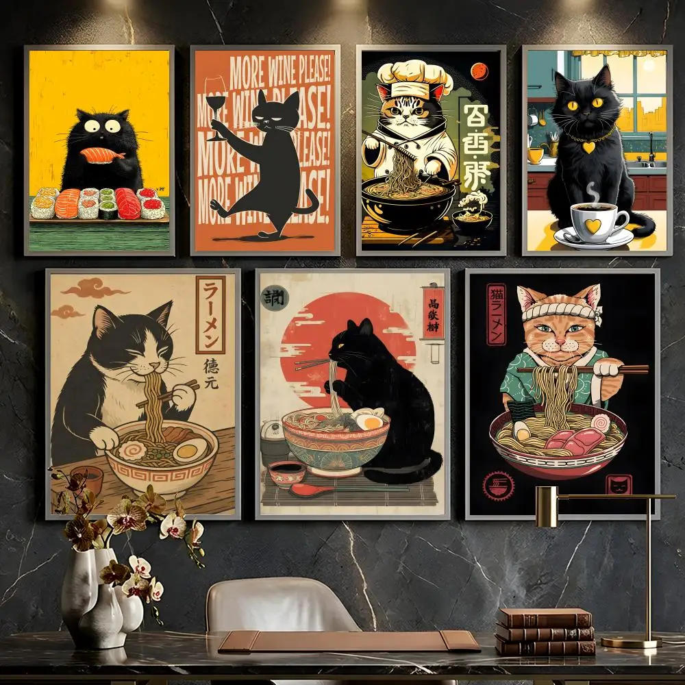 Black Cat Eat Ramen Poster --HD-- Self-Adhesive Waterproof High-Toughness Universal Wall Decor