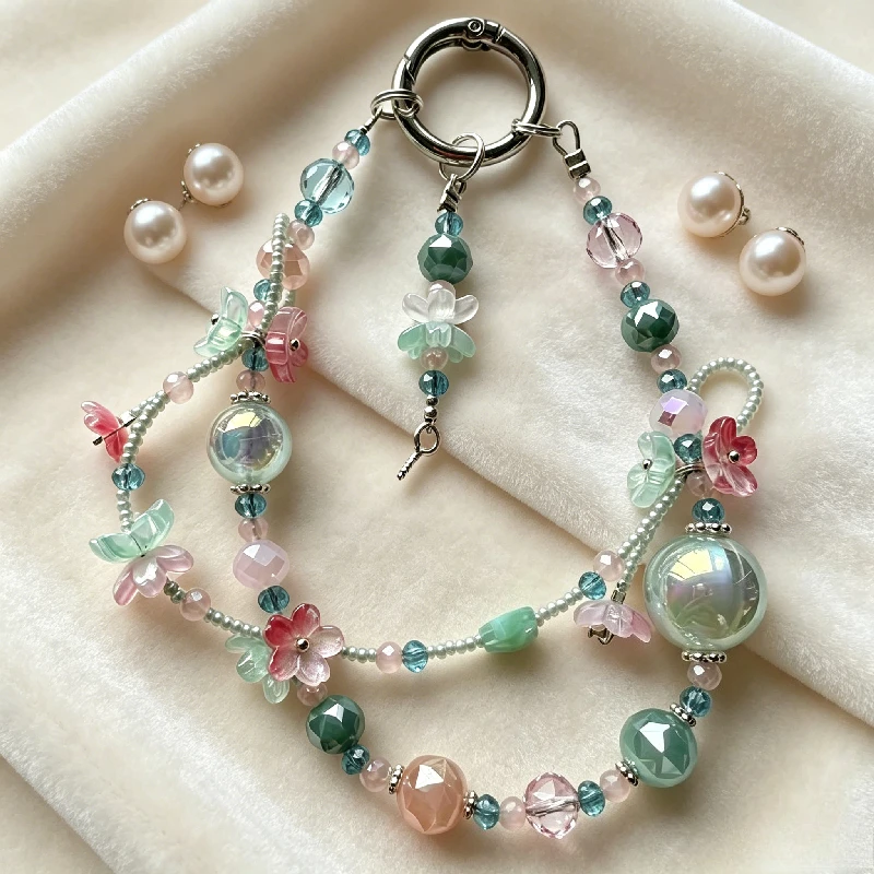 

Mori Pink and Green Flower Beaded Mobile Phone Lanyard, Fresh Crystal Keychain, Bag Pendant.