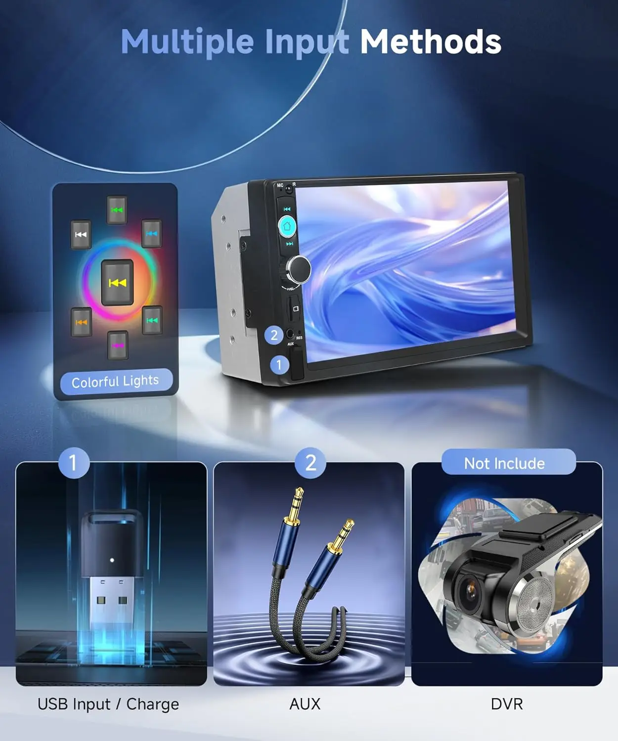 7' Car Radio with Bluetooth, Mirror Link, Backup Camera, FM, USB, AUX, Steering Control