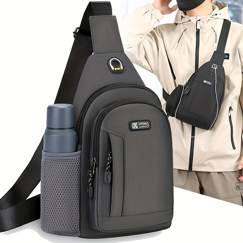 1pcs Men's Crossbody Chest Bag Oxford Cloth with Water Bottle Holder Anti Theft Zipper Pocket Adjustable Strap