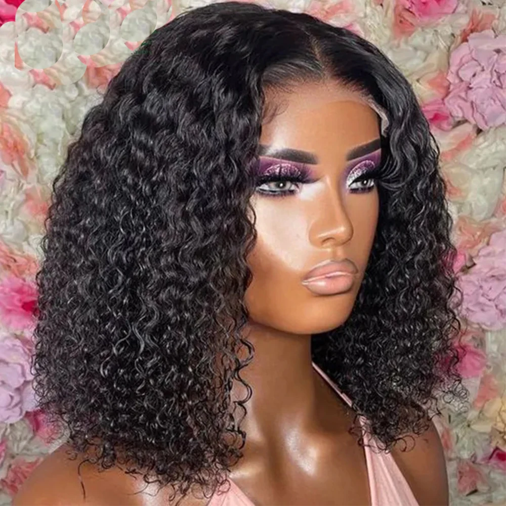 Short Curly Bob Brazilian Human Hair Lace Front Wigs 13X4 Lace Frontal T lace Closure Deep Wave Wig For Black Women 180 Density