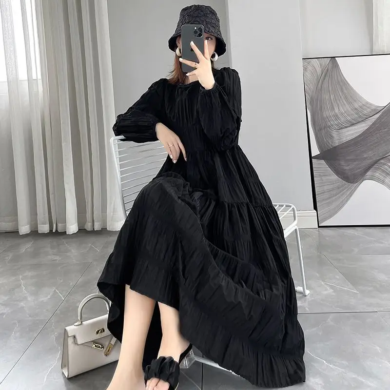 

Осенне-зимнее повседневное элегантное однотонное платье с круглым вырезом и длинными рукавами на талии, с завязками в виде листьев лотоса, женская одежда TS723