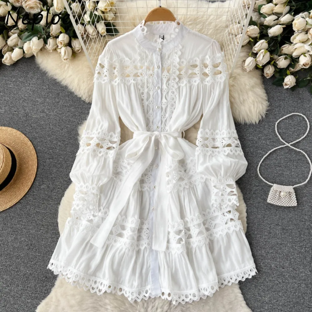 Neploe New Moda Women Stand Collar Puff Sleeve Robe Hollow Out Lace Lace Up Court Mujer Patchwork French Style Elegant Dresses