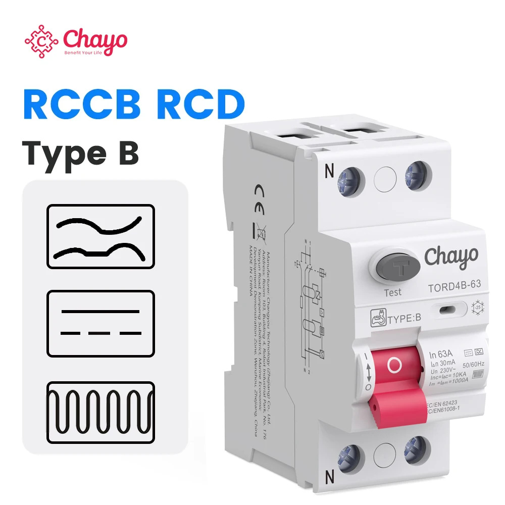 Chayo Type B RCCB RCD 10kA Breaking Capacity,2P 30/100/300mA Earth Leakage Modular Residual Current Circuit Breaker