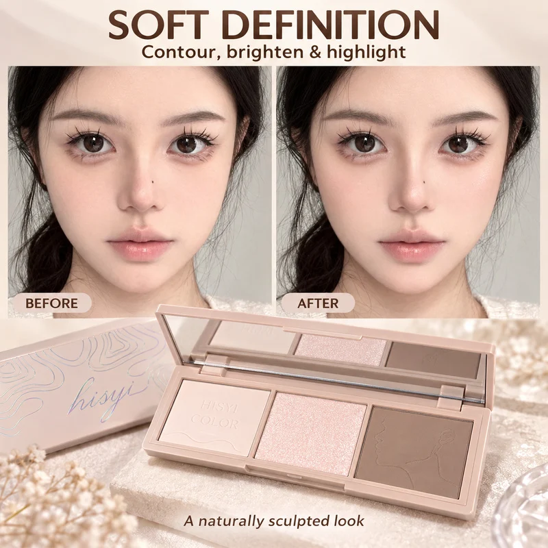 HISYI 3 Color Contour Palette Matte Shimmer Highlighter Powder Blendable Long Lasting Face Nose Makeup Sculpting Kit with Mirror