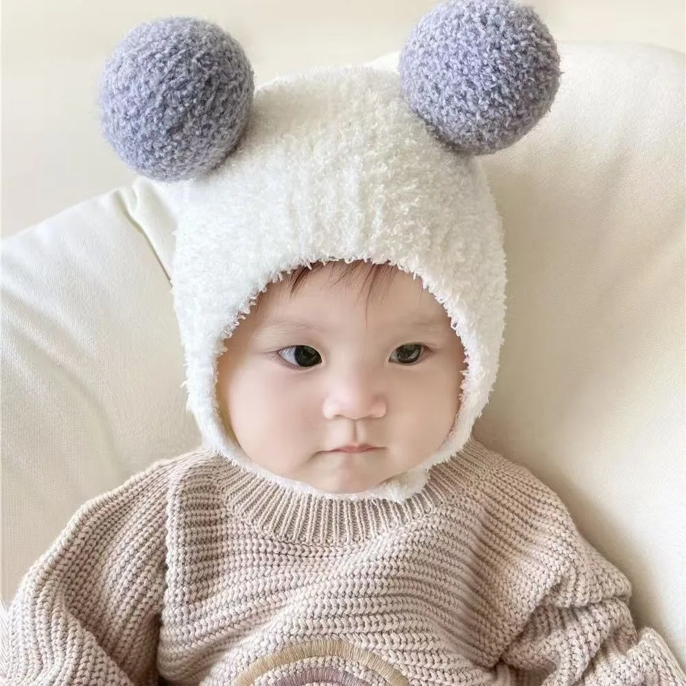 Cute Winter Warm Kids Girl Boys Baby Hats Fleece Wool Hemming Caps with Ball Solid Wool Ear Protection Hats Soft Newborn Bonnet