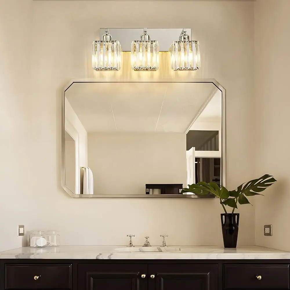 Luminaire de vanité de salle de bains moderne, éclairage en cristal chromé à 3 lumières sur miroir, intensité variable, Compatible E26, installation facile à la maison