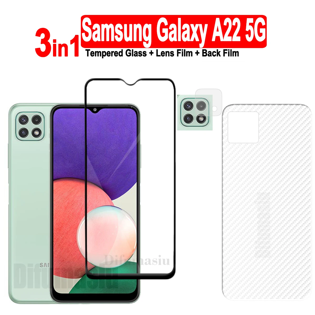 

3in1 For Samsung Galaxy A22 5G Tempered Glass Screen Protectors + Soft Back Film + Soft Camera Lens Film