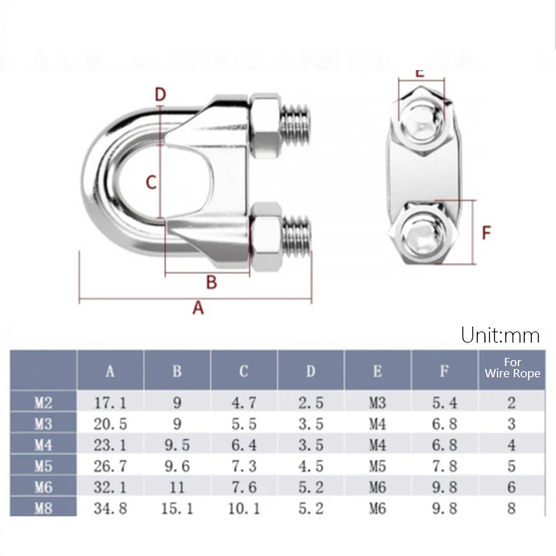 4Pcs Heavy Duty 304 Stainless Steel Cable Clamps M3-M8 Wire Rope Clips U Bolt Saddle Fastener for Steel Wire Hanging Shade Sail