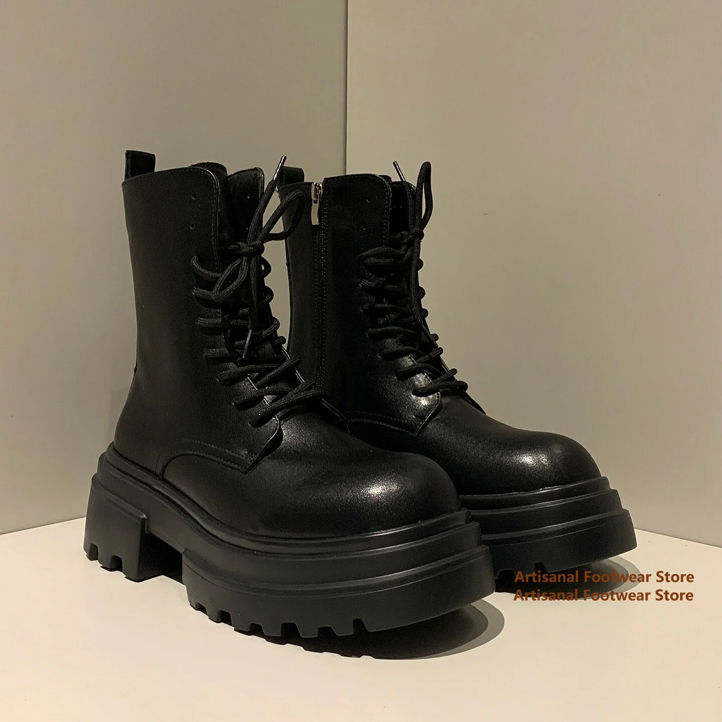 Black Leather Side Zipper Motorcycle Boots Lace-Up Side Zipper Boots Gothic Punk Mid-Calf Boots Trendy Autumn/winter Men's Boots