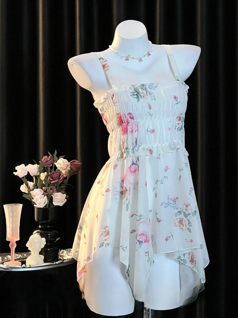 

Elegant Fairy,Sexy and Pure,Floral Spaghetti-strap Pajamas,Women’s Small Chest,Gentle Uniform,Date Mini Skirt,Romantic Alluring