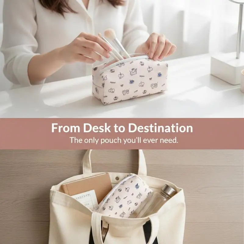 Cute Canvas Pencil Case Cartoon Elephant Print Smooth Zipper Big Storage for Office Desk Small Accessories Organizer