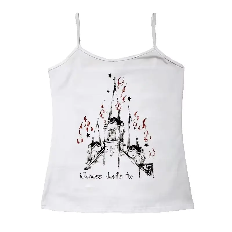 Gothic Burning Church Graphic Print Cami Tank Top Women Spaghetti Strap Slim Y2K Dark Aesthetic Summer Streetwear Vest