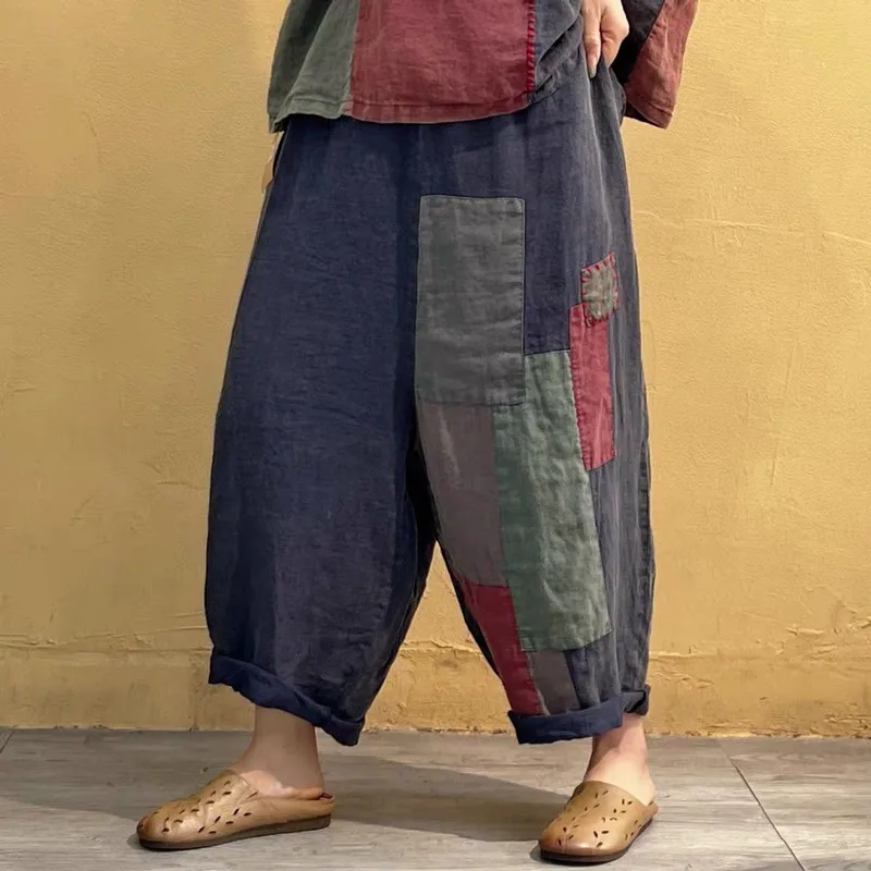 Conjuntos de pantalones de lino y algodón para mujer, camisa Vintage de retazos y pantalones Harem informales, conjuntos de dos piezas de moda de gran tamaño, verano, nuevo