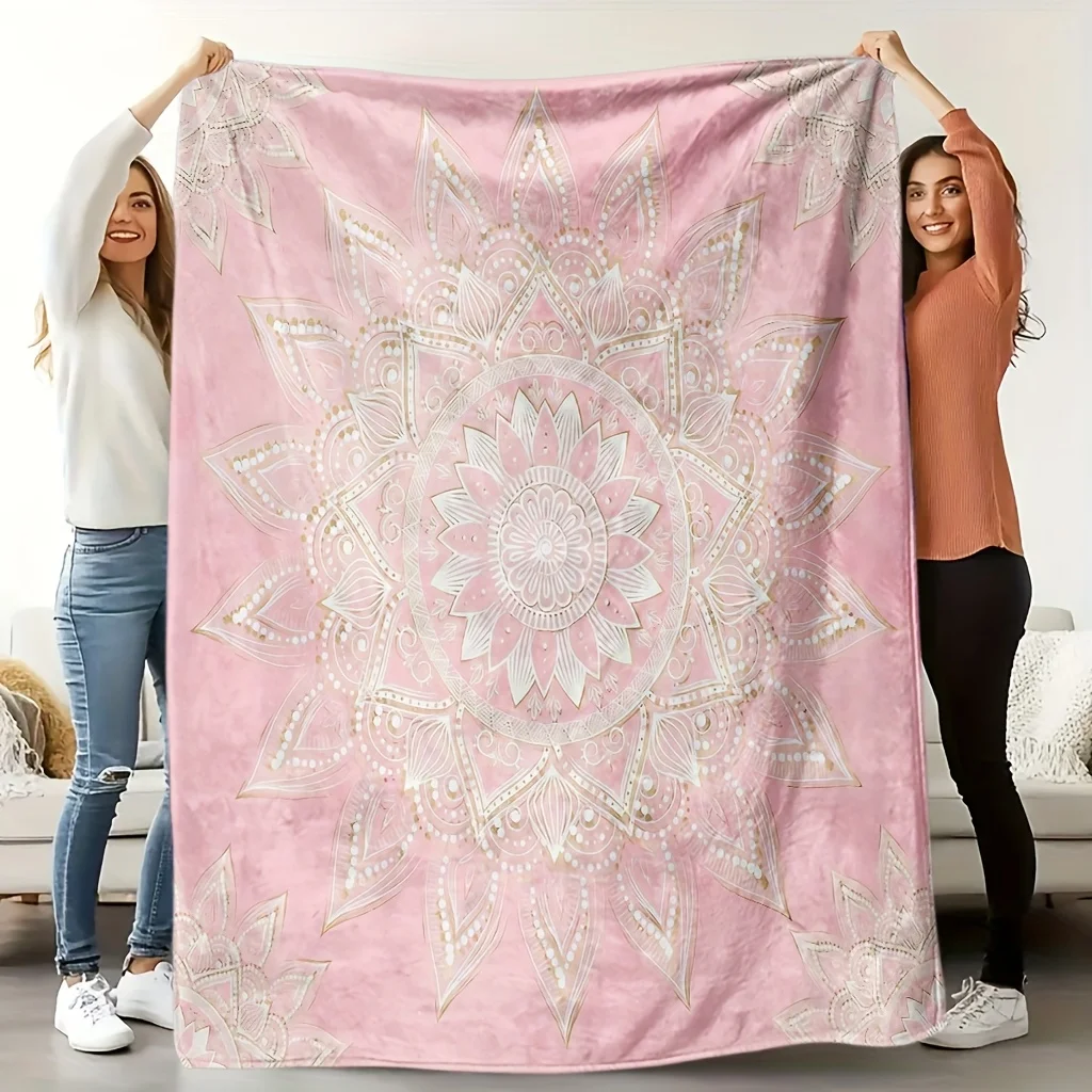 One Comfortable Pink Mandala Theme Pattern Flannel Blanket, Soft High-Definition Digital Print, Suitable for All Seasons! Perfec