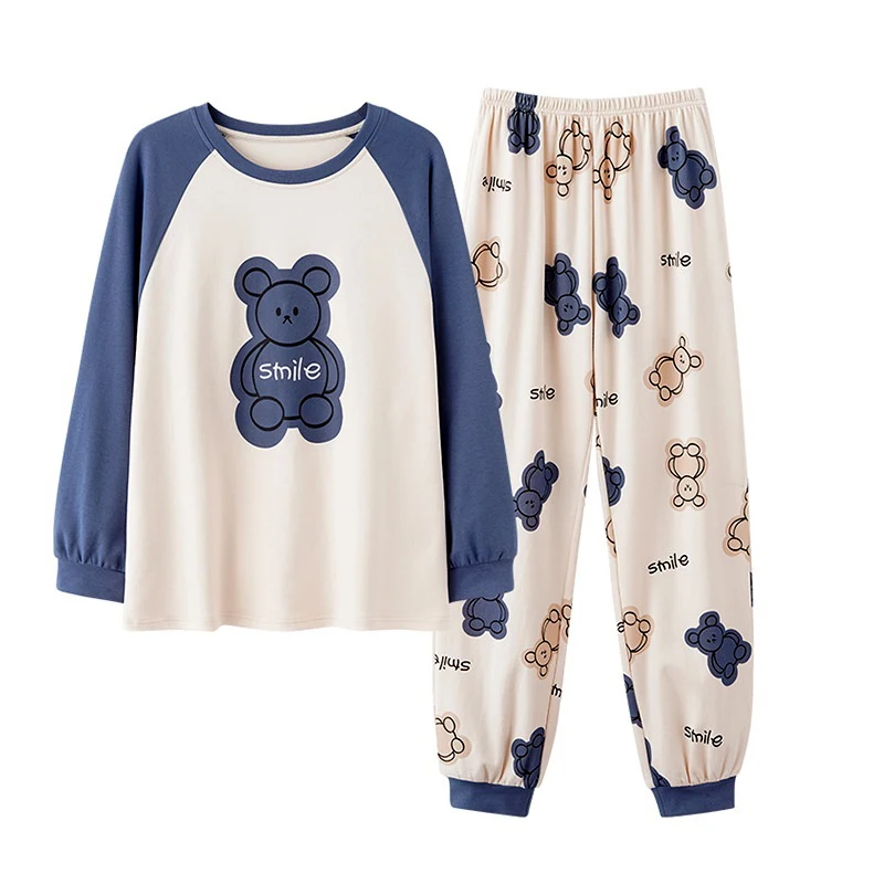 

Pajamas with Chest Pad Women's Autumn Winter Long Sleeves Sweet Cartoon Bear Homewear Large Size Student Sleepwear Round Neck