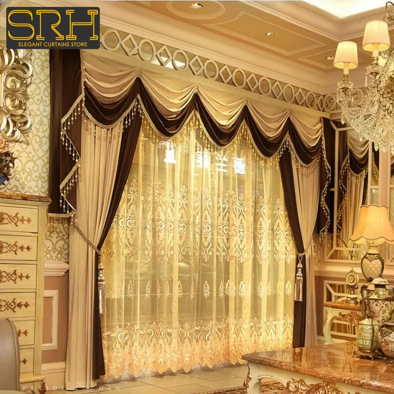 Golden Coffee Color High-end Palace Thickened Velvet Patched Curtains for Living Room Bedroom Villa Customized French Window