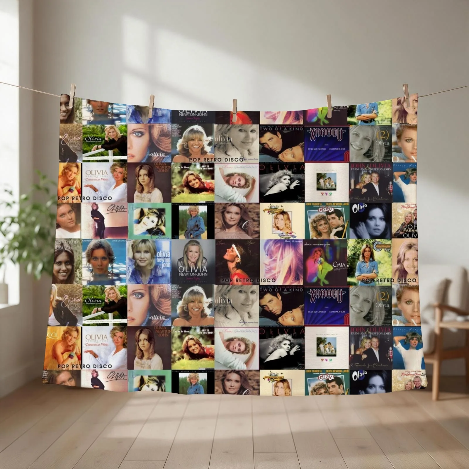 Olivia Newton-John - Album Collage - Designed by PopRetroDisco Throw Blanket couch cozy soft plush fuzzy picnic outdoor blanket