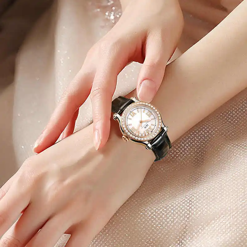 Carnival High-end Series I&W Brand New Luxury Diamond Quartz Watch for Women Leather Strap Waterproof Fashion Womens Watches