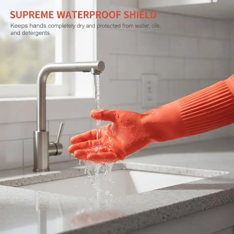 Extra lange Reinigungshandschuhe aus Gummi mit wasserdichter, rutschfester Oberfläche und reißfestem Material, ideal zum Abwaschen in der Küche. – Detail 1