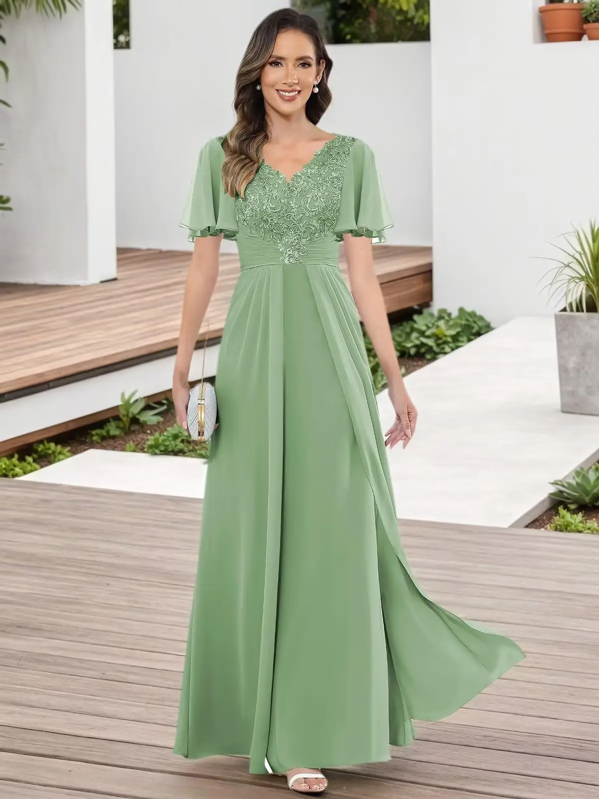 

Women's Chiffon Mother of The Bride Dresses Lace Appliques V Neck Flutter Sleeve Long Formal Party Dress for Wedding