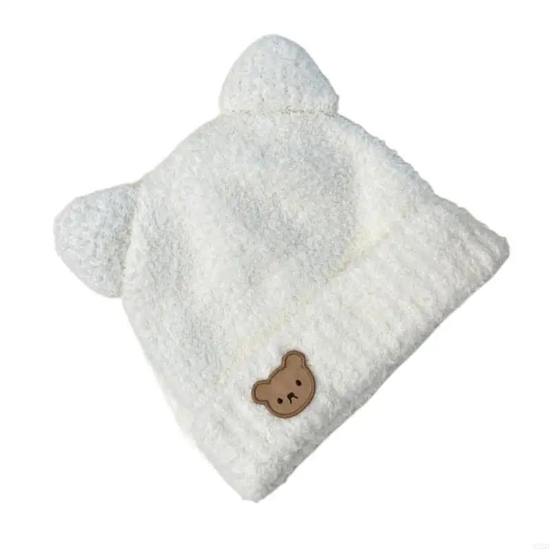

Q22D Baby Knitted Hat Bear Plush Ear Protections Beanie for Boys Girls Autumn Winter Warm Solid Curled Pullover Cap